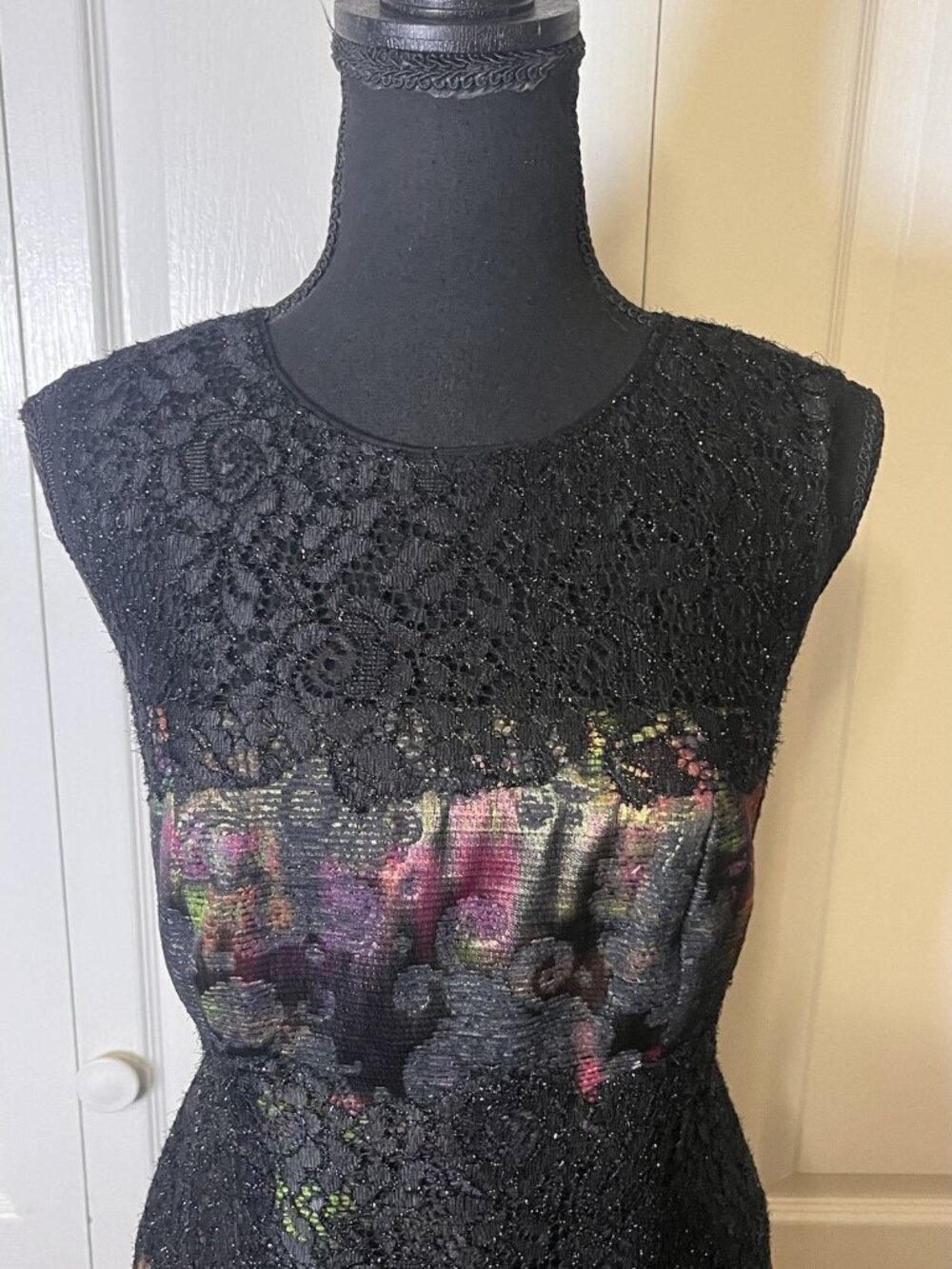 Kay Unger New York Sz 8 Black Dress Sleeveless Lace Derby Jacquard Metallic - Picture 5 of 11